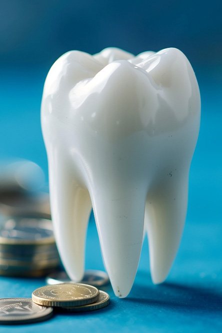 Pile of coins on table next to large model tooth